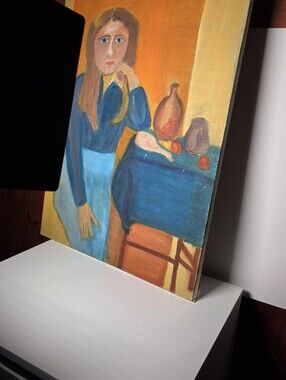 Original Oil Painting Naive Folk Art Woman Blue Dress Portrait Still Life Fruit